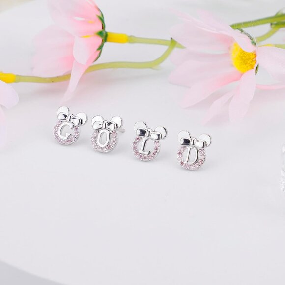 Pink Cubic Zirconia Sterling Silver Initial Stud Earrings for Girls - Picture 4 of 7